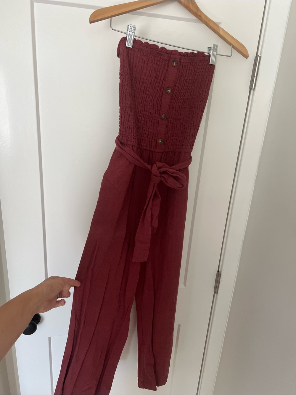 Women’s Strapless Smocked Jumpsuit in Rust